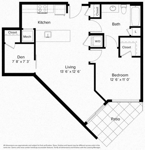 Floor plan for 1 bed, 1 bath, 695 sqft